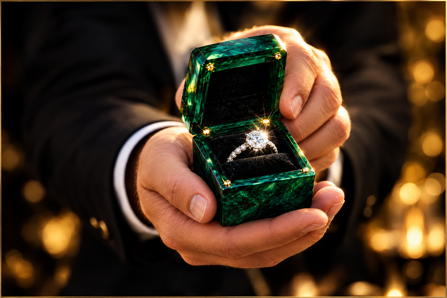 A sparkling diamond ring in an elegant green jewellery box